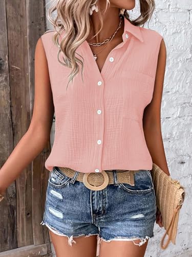 Image of GLASGO Women's 100% Cotton Sleeveless Button Down Shirt | Casual Summer Collared Tank Top | Soft Breathable Fabric Stylish Piece