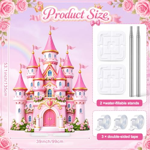Image of Qunclay 4.5 ft Pink Princess Castle Cardboard Cutout Fairy Tale Castle Party Decoration Life Size Photo Booth Prop Standee Stand up 3D Display Backdrop Decor for Birthday Tea Party Baby Shower