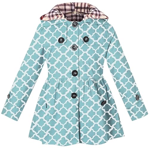 BINPAW Little Girls & Toddlers Hooded Trench Dress Coat, Hoodie Jacket Outwear, Geometry Print A-Blue, Age 10-11 Years = Tag 160