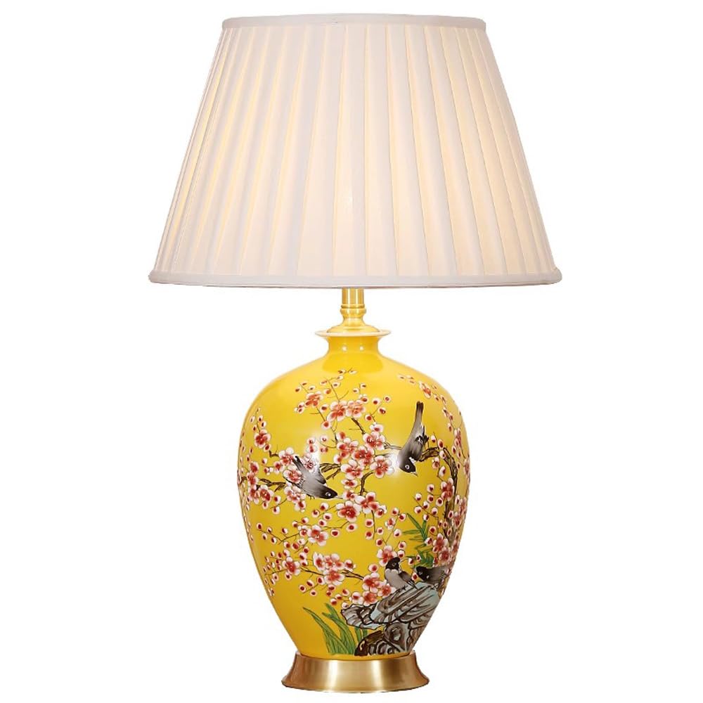 SANBDDLYY Chinoiserie Hand-Painted Table Lamp - Classic Yellow Ceramic Nightstand Light for Bedroom, Living Room, Office, and College