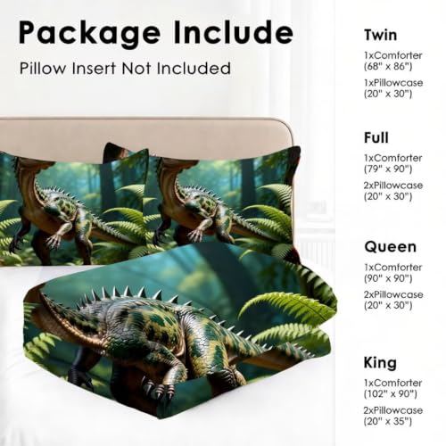 Image of Jungle Dinosaur Comforter Set Full Size Boys Kids Teens Bedding Set | Green Rainforest Forest 3 Piece Bed Sets for Boys Teens, 1 Comforter 2 Pillowcase, Room Decor Soft Microfiber All Season