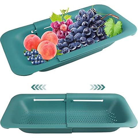 Over the Sink Colander Strainer Basket,Extendable Strainer Basket for Kitchen,Great For Wash Vegetables and Fruits,Drain Cooked Pasta and Dry Dishes - Green Cover