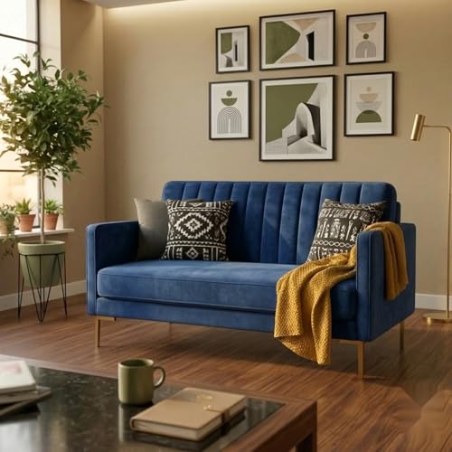 Image of Velum 3 Seater Sofa for Living Room & Office | Premium Fabric Upholstery | Solid Wood Frame | Comfortable Seating | 3 Years Warranty (Blue, 2 Seater Sofa)