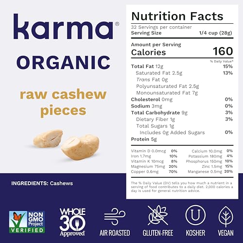 Image of Karma NutsRaw Cashew Pieces - Unroasted, Unsalted, Vegan, Gluten Free, Low Net Carb, Natural, Everyday Nut Snack, Great For Baking, Resealable Bulk 32oz Bag