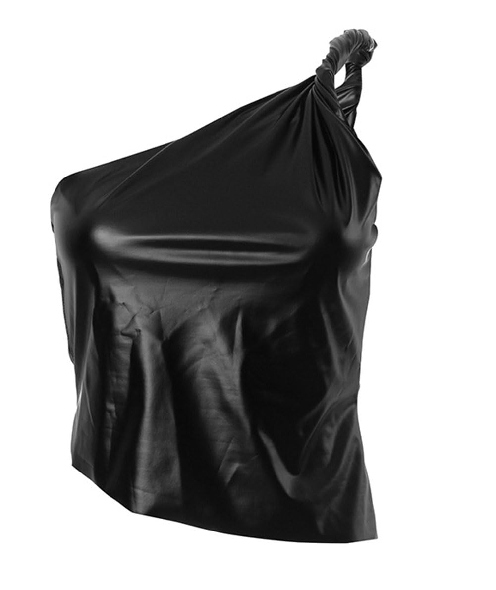 Canotta da donna in pelle PU crop top collo a lupetto senza maniche asimmetrico increspato una spalla plissettata t-shirt