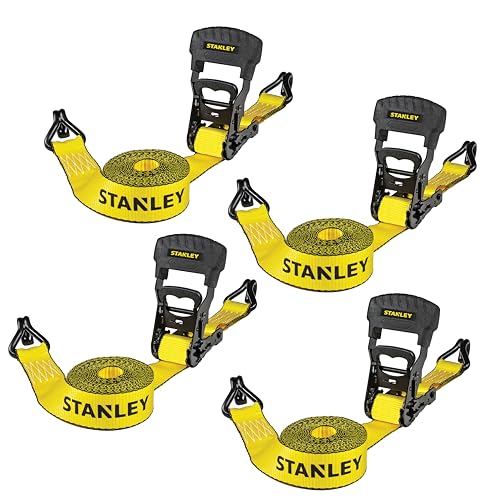 STANLEY S10074 Black/Yellow 1.5' x 16' Ratchet Tie Down Straps - Heavy Cargo Securing (3,300 lbs Break Strength), 4 Pack