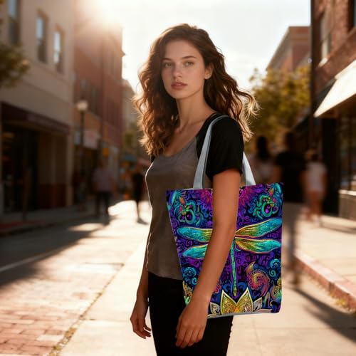 Bolso tote con estampado de libélula y flores, con cremallera superior, para uso diario, viajes y actividades al aire libre, ideal como regalo para mujeres y amantes de las libélulas miniatura 3
