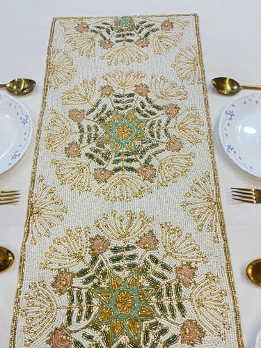Image of Handmade Cream Gold Beaded Dining Table Runner | Elegant Console Runner for Dining Table Decor, Festive Decoration & Diwali Gifting | Luxury Bead Work Table Accent for Home & Parties