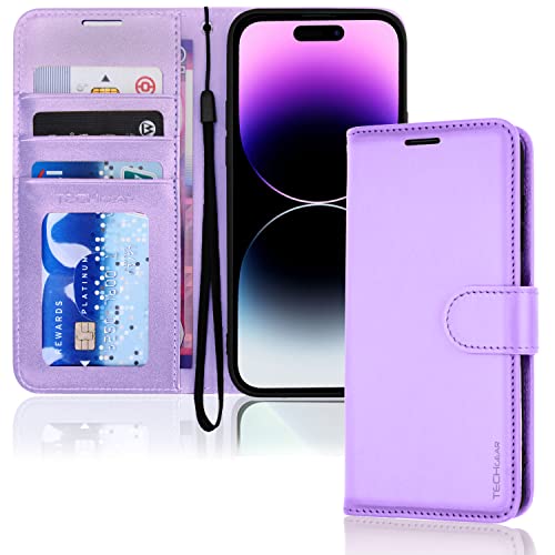TECHGEAR iPhone 14 Pro Leather Wallet Case Flip Protective Case Cover with Wallet Card Holder Stand and Wrist Strap - Purple PU Leather with Magnetic Closure Designed for iPhone 14 Pro 6.1