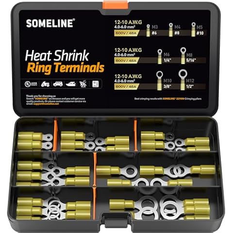 SOMELINE® Marine Grade Heat Shrink Ring Connectors - Heat Shrink Ring Terminals #4, #8, #10, 1/4", 5/16", 3/8", 1/2" - Heat Shrink Wire Connectors Tinned Red Copper - Yellow 12-10 AWG - UL Listed Cover