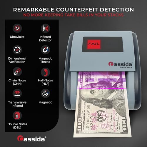 Image of Cassida InstaCheck Small Footprint, Easy to Read Automatic Counterfeit Detector with Infrared, Magnetic and Ultraviolet Sensors, Compact and Lightweight Grey 11-3 /4 inch x 9-1 /2 (Pass /Fail)