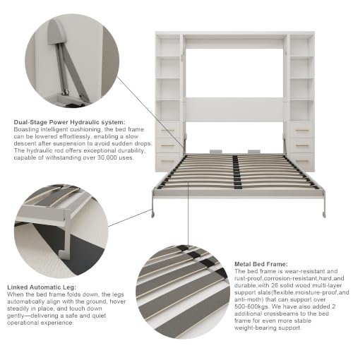 Image of KEIKI Queen Size Vertical Cabinet Murphy Bed with 2 Side Cabinet, Multifunctional Foldable Hideaway Wall Metal Bed Frame with Slats, No Box Spring Needed, Easy Assembly, for Bedroom, Guest room, White