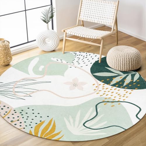 Image of Lahome Green Round Area Rugs 5Ft - Washable Large Boho Round Rug for Living Room Non-Slip Throw Circle Rug for Dining Room Table,Soft Cute Botanical Print Floor Mat Carpet for Bedroom Office Bathroom
