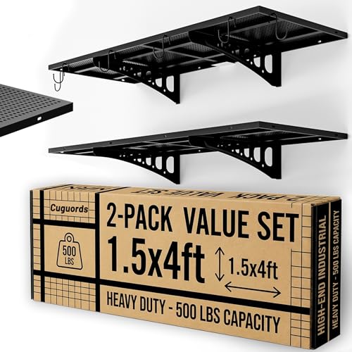 Cuguords 2-Pack 1.5x4ft Garage Wall Shelving 500 Lbs Heavy Duty Garage Shelving Wall Mounted Flat Metal Rack With Complete Install Kit & Hooks Black