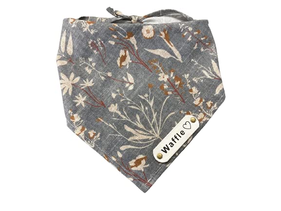 Personalized Dog Bandana, Playa Wildflowers on Grey Background, White Leather Name Tag, Personalized Name, Bandanas for Dogs, Over The Collar Dog