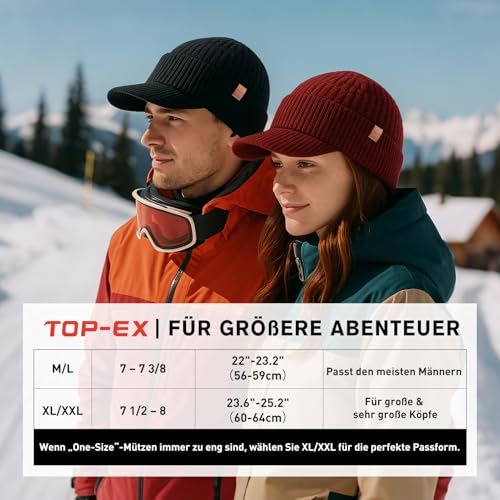 TOP-EX PolarWool™ XL/XXL 100% Merinowolle Schirmmütze Herren Großer Head, Winter Strickmützen Beanie Cap mit Visier, Warm Winddicht Wintermütze mit Fleecefutter für Running Hiking, Grau