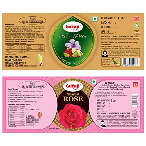 Image of Shree Guruji Kesar Pista Dry Fruit Syrup and Rose Sharbat Combo Pack Milk Beverage Instant Refreshing for Summer Instant Drink (1 Litre)
