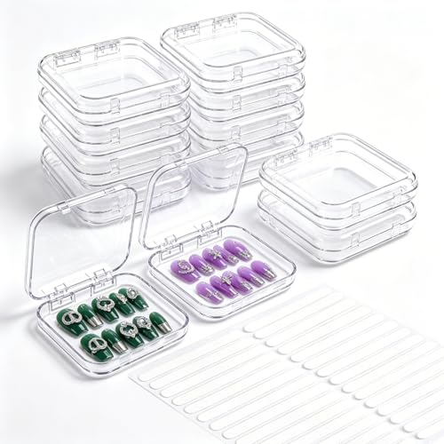 Zijipjy 12 Pcs Clear Acrylic Press on Nail Storage Box with 30 Pcs Adhesive Double Sided Tape Transparent Fake Nail Organizer Display Case for Nail Salon Home Travel & Nail Art Packaging