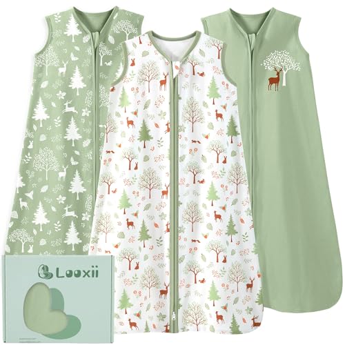 Image of Looxii Baby Sleep Sack 0-6 Months 3 Pack 100% Cotton Baby Wearable Blanket 0.5TOG Toddler Sleeping Bag with 2-Way Zipper Baby Sleep Sack Small Forest