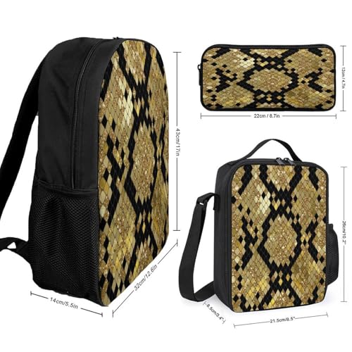 Gold Black Snake Pattern Backpack Set 3 Pieces Backpacks Lunch Bag Wallet For Travel Outdoor Sports2