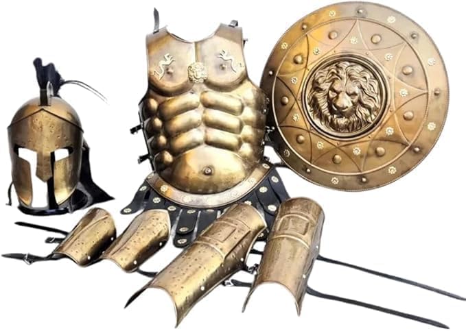 Medieval Greek Spartan Armor Set Full Bronze Finish Muscle Cuirass, Helmet, Lion Shield, Arm & Leg Guards LARP, Cosplay, Reenactment, Halloween Costume Armor Set