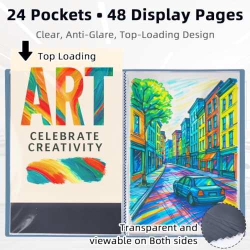Image of 18x24 Blue Art Portfolio Folder Displaying 48 Pages With Plastic Sleeves | 24-Pocket Presentation Book Binder For Artwork Storage Featuring Dark Inner Paper Inserts Protective Document Archival Holder