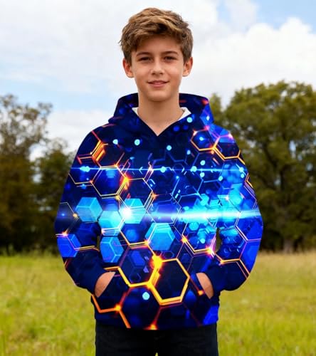 Image of Belovecol Boys Hoodies 3D Printed Hooded Sweatshirts with Pocket for 6-16Y | Pullover Hooded Style Pattern All-over Printed Long Sleeve Non-Fleece Soft Lightweight Tops for Kids