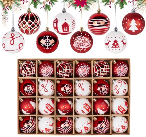 24pcs Weihnachtskugeln Kunststoff Set Rot Weiß,6cm Klassische...