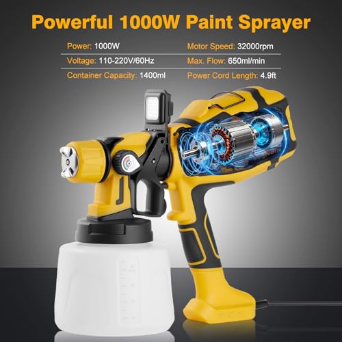 Image of Paint Sprayer, 1000W HVLP Spray Gun for Stain & Furniture, Yellow | 1400ML sprayer with 3 brass nozzles, 3 patterns, adjustable flow, dust blowing head and easy-clean adapter