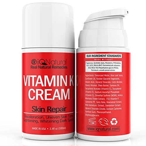 Vitamin K Cream 3.4 oz Formula for Bruises, Spider Veins, Dark Circles, Broken Capillaries, Eyes, Face, Legs