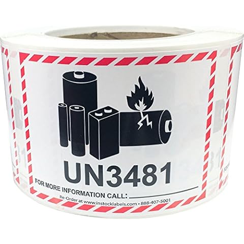 Caution Lithium Battery UN3481 Labels 82.6 x 108 mm 3.25 x 4.25 Inch Wide 500 Count Cover