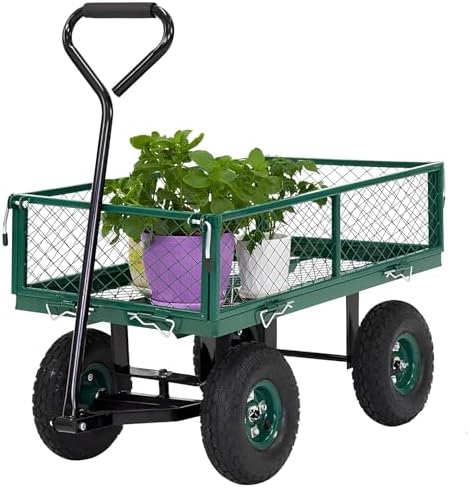 Heavy Duty Garden Cart Yard Dump Cart with Removable Mesh Sides&180° Rotating Handle Utility Metal Wagon for Yard,Farm,Beach,Lawn,Outdoor,Green