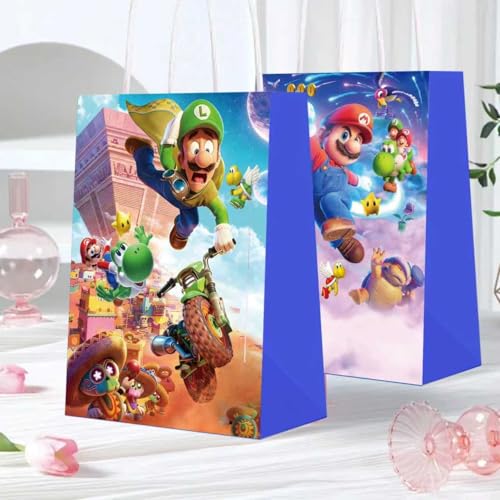 12 PCS of latest Mario-themed party gift bags. Made of kraft paper and equipped with handles they are perfect for holding candies snacks etc. They are suitable for various festivals and birthday parties.