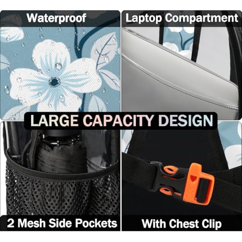 Elegant Watercolour Flower Clear Backpack Stadium Approved PVC Backpacks for Adults Heavy Duty Clear Bag for Work Security Travel College4