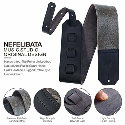 Nefelibata 3″ large lanières de guitare, cuir sculpté plein de grain avec rembourrage doux pour basse, guitare électrique et acoustique (Morandi gris en relief) - Les Beatles, Paul McCartney, John Lennon, RIngo Starr, George Harrison Nefelibata 3" large lanières de guitare, cuir sculpté plein de grain avec rembourrage doux pour basse, guitare électrique et acoustique (Morandi gris en relief) – Image 3