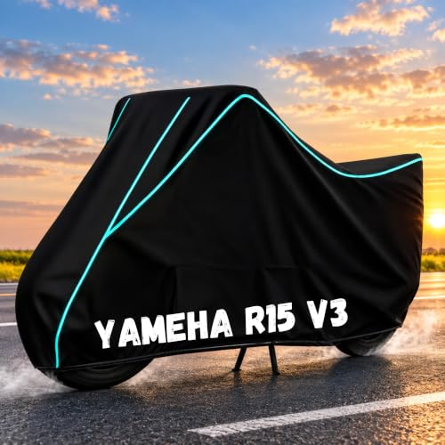 Image of Bike Body Cover for R15 V3 - Heavy Duty Waterproof, Dustproof & Scratch Resistant Motorcycle Cover, Full Body Outdoor Cover with UV & Rain Protection, Black Aqua Piping