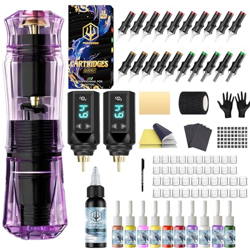 POSEIDON Tattoo Pen Set Cordless Tattoo Gun Kit Tattoo Kit with 2Pcs Battery and 20 Pcs Tattoo Cartridge Needles Complete Tattoo Machine kit Tattoo Supplies for Beginners