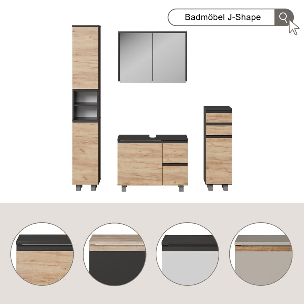 Vicco Set di mobili da bagno J-Shape, Cashmere/Artigianale, 80 cm | composto da specchio da bagno e mobile sottolavabo