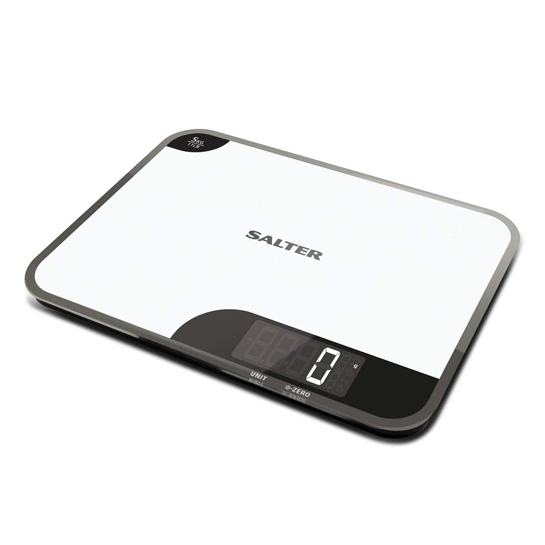 Salter 1064 WHDR - Bilancia da cucina elettronica, 5 kg, display retroilluminato di facile lettura, Aggiungi e pesa, liquidi/fluidi, ampio piattaforma, a specchio, misure metriche/imperiali, bianco