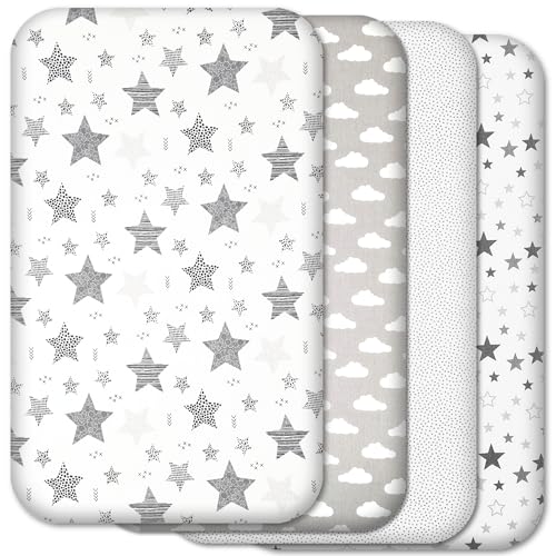 Next to Me Crib Sheets 4 Pack Baby Crib Fitted Sheets Set - 100% Cotton Soft & Breathable to fit Bedside Cribs - Made in Europe 83 x 50 cm (Grey Patterns 83x50cm)