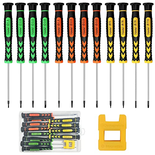 12 Piezas Kit de Destornilladores de Precisión Mini Destornilladores Torx Cabeza Plana Phillips Destornilladores Magnéticos Herramienta de kit de reparación para Reloj,Joyería,Lentes,Reparación de PC Cover
