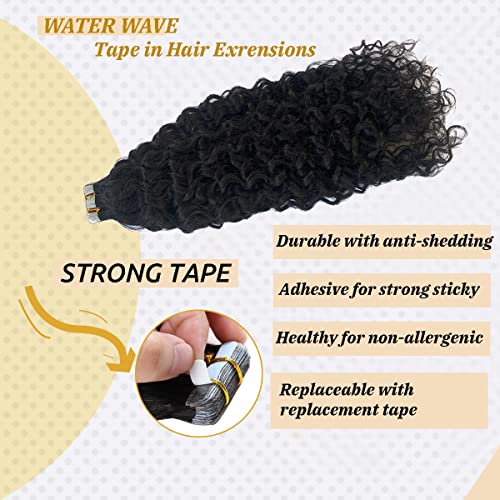 Tape In Water Wave Hair Extensions Human Hair #1B Natural Black Remy Hair Tape Ins Double Sided Skin Weft 20Inch Extensions Loose Curly Remy Human Hair Tape In Extensions For Black Women 20Pcs 50G #TOP1