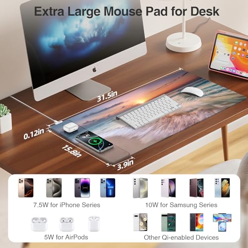 Image of Wireless Charging Mouse Pad, 31.5 inchx15.8 inch in, Beach Sunset | Anti-Fray Stitched Edges, Waterproof Premium Textured Surface, Non-Slip Rubber Base, with 20W PD Adapter