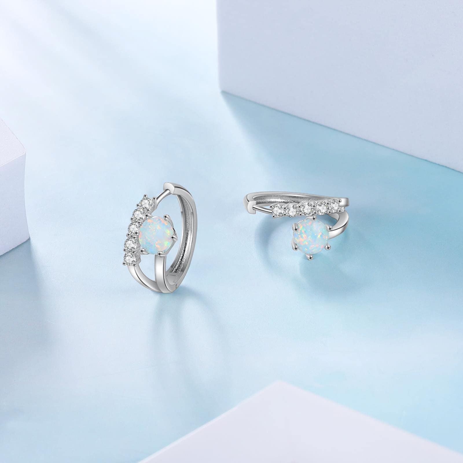 SALAN Pendientes De Aro De Plata De Ley 925 para Mujer Pendientes De Piedra De Ópalo De Fuego Blanco Pendientes De Círculo Cz Transparente Joyería Fina