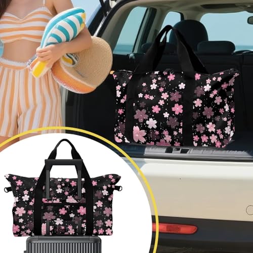 Pink Cherry Blossom Print Sports Duffel Bag 22.24 x 6.3 x 13 In - 30L Large Capacity Carry On Bag with Adjustable Shoulder Strap - Water-Resistant Travel & Gym Holdall with Side Pocket4