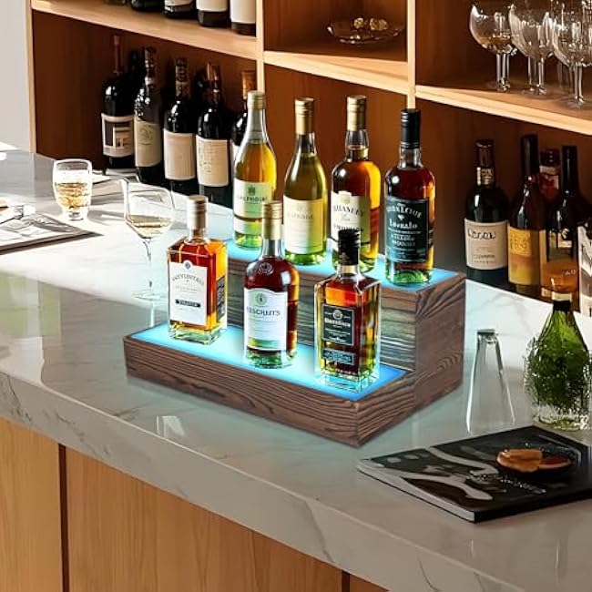 Wine Rack with LED Light Liquor Bottle Display Shelf Wall Mounted, 2 Tier Acrylic Illuminated Bar Bottle Display Case Floating Shelf RGB Lighting for Home Commercial Bar Party