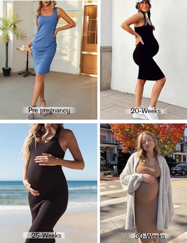 Ekouaer Womens Summer Maternity Dress Side Ruching Sleeveless Bodycon Dress Cute Pregnancy Dress Light Brown thumb #4