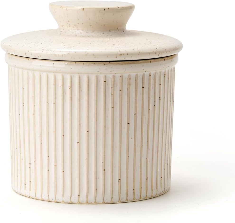 XELA Large Butter Crock with Lid for Countertop, The Original Reactive Glaze Butter Dish With Water Line, French Butter Dish for Spreadable Butter -Speckled White