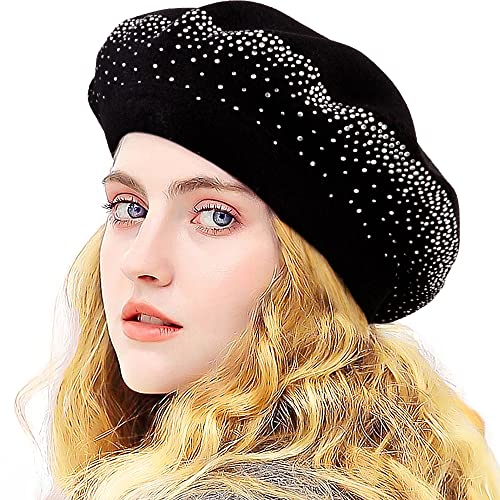 LADYBRO Winter Rhinestone Beret Black Hats for Women 2 Layers Wool Knit Cap
