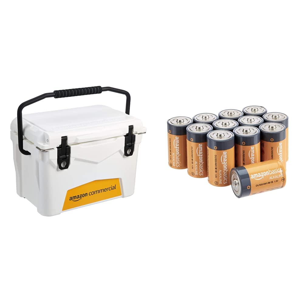 Photo 1 of AmazonCommercial Rotomolded Cooler, 20 Quart, White & Amazon Basics 12 Pack D Cell All-Purpose Alkaline Batteries, Easy to Open Value Pack